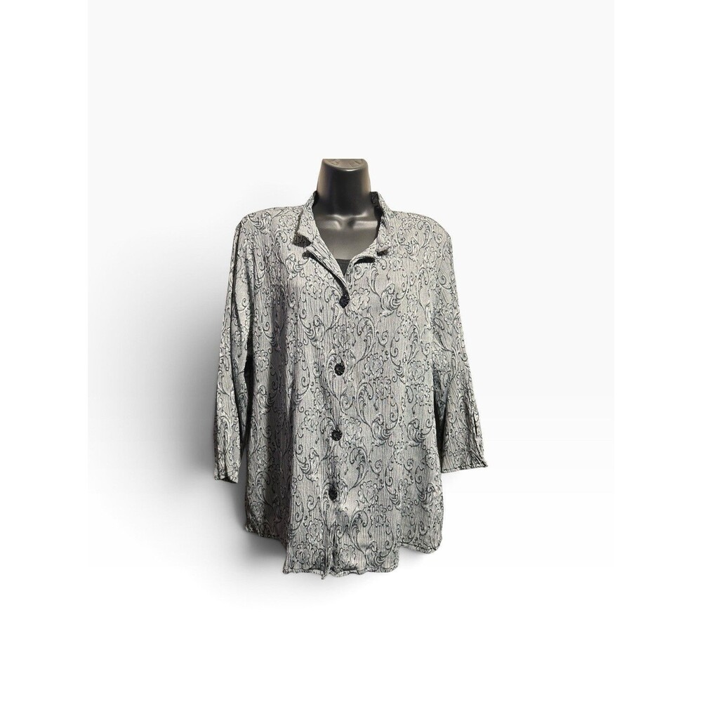 Gloria Lance Woman Silver & Black Scroll Crinkle Blouse Women’s 2X Button-Up Top